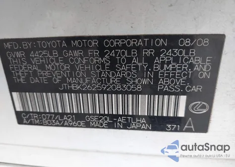 2009 Lexus Is 250 from USA, damaged, VIN JTHBK262592083058